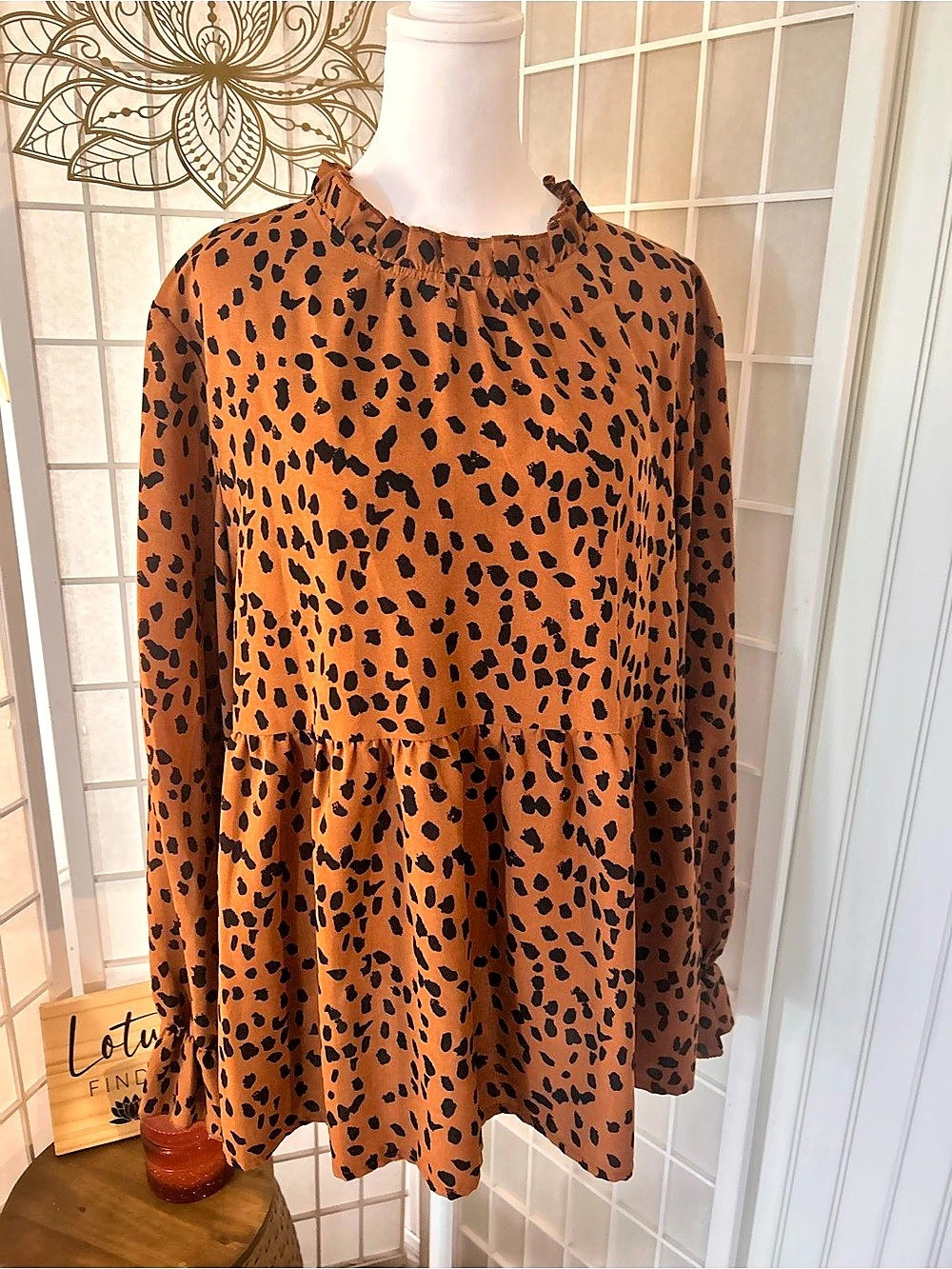 Prettygarden Leopard Print Long Sleeve Blouse in Brown & Black Size XL